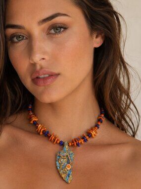 Festive Colorful Necklace Biwa Pearl Pendant Cleopatra Genuine Lapis Lazuli